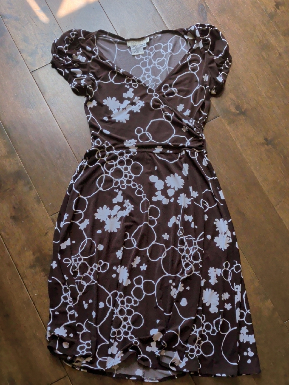 Brown Floral Wrap Dress with Puff Sleeves